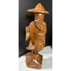 Vintage Hand Carved Wooden Shou Lao HAPPY FISHERMAN Asian Statue Chinese NO POLE